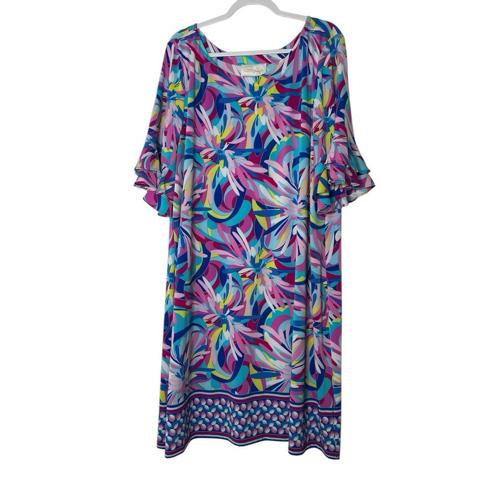 Pappagallo Dress Women 3X Plus Preppy Abstract Colorful Bright Stretch Ruffle‎
